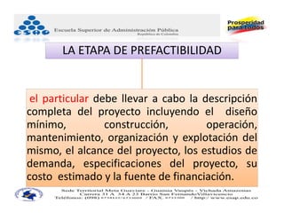 LA ETAPA DE PREFACTIBILIDAD


 el particular debe llevar a cabo la descripción
completa del proyecto incluyendo el diseño
mínimo,          construcción,        operación,
mantenimiento, organización y explotación del
mismo, el alcance del proyecto, los estudios de
demanda, especificaciones del proyecto, su
costo estimado y la fuente de financiación.
 