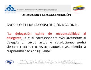 DELEGACIÓN Y DESCONCENTRACIÓN


ARTICULO 211 DE LA CONSTITUCIÓN NACIONAL.

“La delegación exime de responsabilidad al
delegante, la cual corresponderá exclusivamente al
delegatario, cuyos actos o resoluciones podrá
siempre reformar o revocar aquel, reasumiendo la
responsabilidad consiguiente”
 