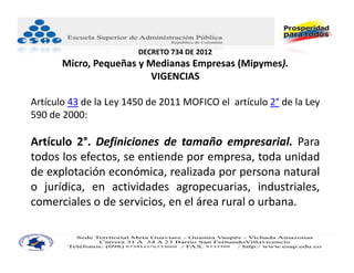 DECRETO 734 DE 2012
       Micro, Pequeñas y Medianas Empresas (Mipymes).
                          VIGENCIAS

Artículo 43 de la Ley 1450 de 2011 MOFICO el artículo 2° de la Ley
590 de 2000:

Artículo 2°. Definiciones de tamaño empresarial. Para
todos los efectos, se entiende por empresa, toda unidad
de explotación económica, realizada por persona natural
o jurídica, en actividades agropecuarias, industriales,
comerciales o de servicios, en el área rural o urbana.
 