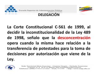 DELEGACIÓN


La Corte Constitucional C‐561 de 1999, al
decidir la inconstitucionalidad de la Ley 489
de 1998, señalo que la desconcentración
opera cuando la misma hace relación a la
transferencia de potestades para la toma de
decisiones por autorización que viene de la
Ley.
 