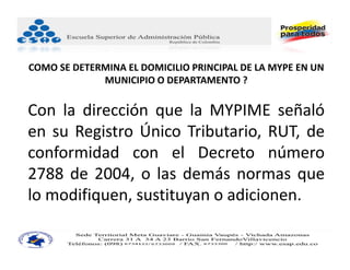 COMO SE DETERMINA EL DOMICILIO PRINCIPAL DE LA MYPE EN UN 
             MUNICIPIO O DEPARTAMENTO ?


Con la dirección que la MYPIME señaló
en su Registro Único Tributario, RUT, de
conformidad con el Decreto número
2788 de 2004, o las demás normas que
lo modifiquen, sustituyan o adicionen.
 