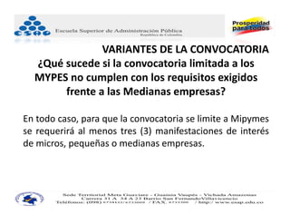 VARIANTES DE LA CONVOCATORIA
  ¿Qué sucede si la convocatoria limitada a los 
  MYPES no cumplen con los requisitos exigidos 
       frente a las Medianas empresas?

En todo caso, para que la convocatoria se limite a Mipymes
se requerirá al menos tres (3) manifestaciones de interés
de micros, pequeñas o medianas empresas.
 