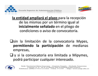 la entidad ampliará el plazo para la recepción 
     de las mismas por un término igual al 
     inicialmente señalado en el pliego de 
      condiciones o aviso de convocatoria.

sin la limitación de la convocatoria Mypes,
 permitiendo la participación de medianas
 empresas,
 y si la convocatoria era limitada a Mipymes,
 podrá participar cualquier interesado.
 