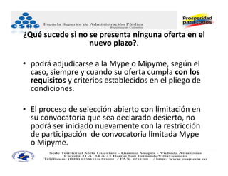 ¿Qué sucede si no se presenta ninguna oferta en el 
                  nuevo plazo?. 

• podrá adjudicarse a la Mype o Mipyme, según el 
  caso, siempre y cuando su oferta cumpla con los 
  requisitos y criterios establecidos en el pliego de 
  condiciones. 

• El proceso de selección abierto con limitación en 
  su convocatoria que sea declarado desierto, no 
  podrá ser iniciado nuevamente con la restricción 
  de participación  de convocatoria limitada Mype
  o Mipyme. 
 