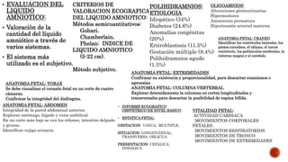  EVALUACION DEL
LIQUIDO
AMNIOTICO:
 Valoración de la
cantidad del líquido
amniótico a través de
varios sistemas.
 El sistema más
utilizado es el subjetivo.
CRITERIOS DE
VALORACION ECOGRAFICA
DEL LIQUIDO AMNIOTICO:
Métodos semicuantitativos:
Gohari.
Chamberlain.
Phelan: INDICE DE
LIQUIDO AMNIOTICO
(5-22 cm).
Método subjetivo.
POLIHIDRAMNIOS:
ETIOLOGIA
Idiopático (34%)
Diabetes (24.6%)
Anomalías congénitas
(20%)
Eritroblastosis (11.5%)
Gestación múltiple (8.4%)
Polihidramnios agudo
(1.5%)
OLIGOAMNIOS:
Alteraciones génitourinarias
Hipermadurez
Amniorexis prematura
Hipertensión arterial materna
ANATOMIA FETAL: CRANEO
Identificar los ventrículos laterales, los
plexos coroideos, el tálamo, el tercer
ventrículo, los pedúnculos cerebrales, la
cisterna magna y el cerebelo.
ANATOMIA FETAL: TORAX
Se debe visualizar el corazón fetal en un corte de cuatro
cámaras.
Confirmar la integridad del diafragma.
ANATOMIA FETAL: ABDOMEN
Integridad de la pared abdominal anterior.
Explorar estómago, hígado y vena umbilical.
En un corte más bajo se ven los riñones, intestino delgado
y grueso.
Identificar vejiga urinaria.
ANATOMIA FETAL: EXTREMIDADES
Confirmar su existencia y proporcionalidad, para descartar enanismos o
agenesias
ANATOMIA FETAL: COLUMNA VERTEBRAL
Explorar detenidamente la columna en cortes longitudinales y
transversales para descartar la posibilidad de espina bífida.
 INFORME ECOGRAFICO
OBSTETRICO DE NIVEL BASICO
 ESTATICA FETAL:
GESTACION: UNICA, MULTIPLE.
SITUACION: LONGITUDINAL,
TRANSVERSA, OBLICUA.
PRESENTACION: CEFALICA,
PODALICA.
VITALIDAD FETAL:
ACTIVIDAD CARDIACA.
MOVIMIENTOS CORPORALES
FETALES.
MOVIMIENTOS RESPIRATORIOS.
MOVIMIENTOS DE TRONCO.
MOVIMIENTOS DE EXTREMIDADES
 