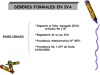 DEBERES FORMALES EN IVA
BASES LEGALES
Impuesto al Valor Agregado (IVA):
Artículos 54 y 57
Reglamento de la Ley IVA
Providencia Administrativa Nº 0071
Providencia No 1.677 de fecha
14/03/2003
 