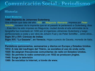 Edad Moderna:  1440: Imprenta de Johannes Gutenberg Una edición que data del año  1502  en  Maguncia ,  Alemania , impresa por  Peter  Schöffer , sucesor de la imprenta que en el pasado le perteneció a Gutenberg, dice: ...Este libro ha sido impreso en Maguncia, ciudad donde el arte admirable de la  tipografía fue inventado en 1450 por el ingenioso Johannes Gutenberg y luego  perfeccionado a costa y por obra de Johann Fust y de Peter Schöffer... entre otros... Siglo XV y XVI: Cónicas de Indias Siglo XVI: “La Gazzete”, en Venecia.  Hojas a precio de Gaceta, moneda de Italia. Edad Contemporánea:  Periódicos quincenarios, semanarios y diarios en Europa y Estados Unidos. 1912: A raíz del naufragio del Titánic, se socializa el uso de onda corta. 1920: Se asignan frecuencias comunitarias de radio en Estados Unidos. 1922: Se permite la radio comercial y en 1932 se producen jingles. 1948: Surge la televisión 1989: Se socializa la Internet, a través de www. 