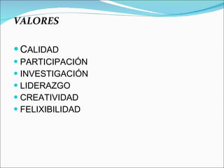 VALORES C ALIDAD PARTICIPACIÓN INVESTIGACIÓN LIDERAZGO CREATIVIDAD FELIXIBILIDAD 