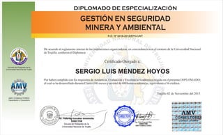 DIPLOMADO DE ESPECIALIZACIÓN
GESTIÓN EN SEGURIDAD
MINERA Y AMBIENTAL
R.D. Nº 0418-2015/EPG-UNT
Certiﬁcado Otorgado a:
Trujillo 02 de Noviembre del 2015
Escuela de Postgrado de la
Universidad Nacional de Trujillo
AMV CONSULTORES
Capacitación y Consultoría
De acuerdo al reglamento interno de las instituciones organizadoras, en concordancia con el estatuto de la Universidad Nacional
deTrujillo,conﬁerenelDiplomaa:
Por haber cumplido con los requisitos deAsistencia, Evaluación y ExcelenciaAcadémica exigida en el presente DIPLOMADO;
elcualsehadesarrolladoduranteCuatro(04)mesesyuntotalde480horasacadémicas,equivalentea36créditos.
SERGIO LUIS MÉNDEZ HOYOS
 