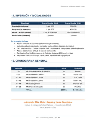 Diplomado en IA Agéntica Aplicada — IIAA
11. INVERSIÓN Y MODALIDADES
Modalidad Precio Regular (BOB) Precio Regular (USD)
Inscripción individual 3.500 BOB 500 USD
Early Bird (30 días antes) 2.800 BOB 400 USD
Grupal (3+ participantes) 2.450 BOB/persona 350 USD/persona
Institucional (convenio) Consultar Consultar
La inversión incluye:
• Acceso completo a 200 horas de formación (20 semanas).
• Materiales educativos digitales completos (guías, código, datasets, templates).
• GPT personalizado + Claude Project + Gem + NotebookLM configurados para el diplomado.
• Acceso a comunidad SIRIUS de soporte permanente.
• Certificado oficial de Diplomado en IA Agéntica Aplicada (200 horas) — IIAA.
• Repositorio GitHub con código fuente, Skills, servidores MCP y ejemplos.
12. CRONOGRAMA GENERAL
Semanas Módulo Horas Entregable
1 – 3 M1: Fundamentos de IA Agéntica 30 Informe
4 – 7 M2: Ecosistema ChatGPT 35 GPT + Flujo
7 – 10 M3: Ecosistema Claude 35 MCP + Skill
11 – 13 M4: Ecosistema Gemini 30 Gem + RAG
14 – 17 M5: IDEs Agénticos 35 Proyecto IDE
17 – 20 M6: Proyecto Integrador 35 Portafolio
TOTAL 200 hrs 6 evidencias
« Aprender Más, Mejor, Rápido y hasta Divertido »
Instituto de Inteligencia Artificial Aplicada — Ecosistema IA SIRIUS
Oruro, Bolivia — 2026
IIAA — Ecosistema IA SIRIUS — Pág. 17
 