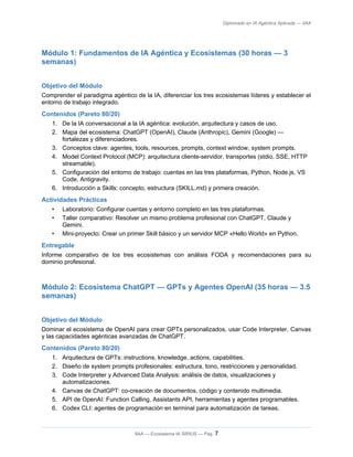 Diplomado en IA Agéntica Aplicada — IIAA
Módulo 1: Fundamentos de IA Agéntica y Ecosistemas (30 horas — 3
semanas)
Objetivo del Módulo
Comprender el paradigma agéntico de la IA, diferenciar los tres ecosistemas líderes y establecer el
entorno de trabajo integrado.
Contenidos (Pareto 80/20)
1. De la IA conversacional a la IA agéntica: evolución, arquitectura y casos de uso.
2. Mapa del ecosistema: ChatGPT (OpenAI), Claude (Anthropic), Gemini (Google) —
fortalezas y diferenciadores.
3. Conceptos clave: agentes, tools, resources, prompts, context window, system prompts.
4. Model Context Protocol (MCP): arquitectura cliente-servidor, transportes (stdio, SSE, HTTP
streamable).
5. Configuración del entorno de trabajo: cuentas en las tres plataformas, Python, Node.js, VS
Code, Antigravity.
6. Introducción a Skills: concepto, estructura (SKILL.md) y primera creación.
Actividades Prácticas
• Laboratorio: Configurar cuentas y entorno completo en las tres plataformas.
• Taller comparativo: Resolver un mismo problema profesional con ChatGPT, Claude y
Gemini.
• Mini-proyecto: Crear un primer Skill básico y un servidor MCP «Hello World» en Python.
Entregable
Informe comparativo de los tres ecosistemas con análisis FODA y recomendaciones para su
dominio profesional.
Módulo 2: Ecosistema ChatGPT — GPTs y Agentes OpenAI (35 horas — 3.5
semanas)
Objetivo del Módulo
Dominar el ecosistema de OpenAI para crear GPTs personalizados, usar Code Interpreter, Canvas
y las capacidades agénticas avanzadas de ChatGPT.
Contenidos (Pareto 80/20)
1. Arquitectura de GPTs: instructions, knowledge, actions, capabilities.
2. Diseño de system prompts profesionales: estructura, tono, restricciones y personalidad.
3. Code Interpreter y Advanced Data Analysis: análisis de datos, visualizaciones y
automatizaciones.
4. Canvas de ChatGPT: co-creación de documentos, código y contenido multimedia.
5. API de OpenAI: Function Calling, Assistants API, herramientas y agentes programables.
6. Codex CLI: agentes de programación en terminal para automatización de tareas.
IIAA — Ecosistema IA SIRIUS — Pág. 7
 