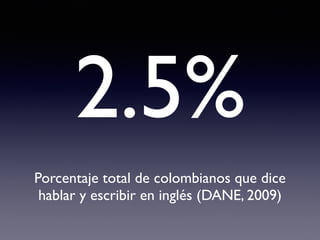 2.5% 
Porcentaje total de colombianos que dice 
hablar y escribir en inglés (DANE, 2009) 
 