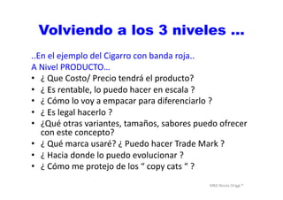 MBA	
  Nicola	
  Origgi	
  ®	
  
Volviendo a los 3 niveles …
..En	
  el	
  ejemplo	
  del	
  Cigarro	
  con	
  banda	
  roja..	
  
A	
  Nivel	
  PRODUCTO…	
  
•  ¿	
  Que	
  Costo/	
  Precio	
  tendrá	
  el	
  producto?	
  	
  
•  ¿	
  Es	
  rentable,	
  lo	
  puedo	
  hacer	
  en	
  escala	
  ?	
  
•  ¿	
  Cómo	
  lo	
  voy	
  a	
  empacar	
  para	
  diferenciarlo	
  ?	
  
•  ¿	
  Es	
  legal	
  hacerlo	
  ?	
  
•  ¿Qué	
  otras	
  variantes,	
  tamaños,	
  sabores	
  puedo	
  ofrecer	
  
con	
  este	
  concepto?	
  
•  ¿	
  Qué	
  marca	
  usaré?	
  ¿	
  Puedo	
  hacer	
  Trade	
  Mark	
  ?	
  
•  ¿	
  Hacia	
  donde	
  lo	
  puedo	
  evolucionar	
  ?	
  
•  ¿	
  Cómo	
  me	
  protejo	
  de	
  los	
  “	
  copy	
  cats	
  “	
  ?	
  
 