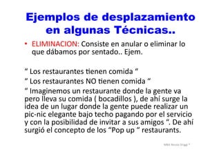 MBA	
  Nicola	
  Origgi	
  ®	
  
Ejemplos de desplazamiento
en algunas Técnicas..
•  ELIMINACION:	
  Consiste	
  en	
  anular	
  o	
  eliminar	
  lo	
  
que	
  dábamos	
  por	
  sentado..	
  Ejem.	
  
“	
  Los	
  restaurantes	
  Uenen	
  comida	
  “	
  	
  
“	
  Los	
  restaurantes	
  NO	
  Uenen	
  comida	
  “	
  
“	
  Imaginemos	
  un	
  restaurante	
  donde	
  la	
  gente	
  va	
  
pero	
  lleva	
  su	
  comida	
  (	
  bocadillos	
  ),	
  de	
  ahí	
  surge	
  la	
  
idea	
  de	
  un	
  lugar	
  donde	
  la	
  gente	
  puede	
  realizar	
  un	
  
pic-­‐nic	
  elegante	
  bajo	
  techo	
  pagando	
  por	
  el	
  servicio	
  
y	
  con	
  la	
  posibilidad	
  de	
  invitar	
  a	
  sus	
  amigos	
  “.	
  De	
  ahí	
  
surgió	
  el	
  concepto	
  de	
  los	
  “Pop	
  up	
  “	
  restaurants.	
  
 