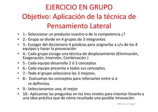 MBA	
  Nicola	
  Origgi	
  ®	
  
EJERCICIO	
  EN	
  GRUPO	
  
ObjeUvo:	
  Aplicación	
  de	
  la	
  técnica	
  de	
  
Pensamiento	
  Lateral	
  
•  1.-­‐	
  Seleccionar	
  un	
  producto	
  nuestro	
  o	
  de	
  la	
  competencia	
  ¿?	
  
•  2.-­‐	
  Grupo	
  se	
  divide	
  en	
  4	
  grupos	
  de	
  3	
  integrantes	
  
•  3.-­‐	
  Escoger	
  del	
  diccionario	
  4	
  palabras	
  para	
  asignarlas	
  a	
  c/u	
  de	
  los	
  4	
  
equipos	
  y	
  hacer	
  la	
  provocación	
  	
  
•  4.-­‐	
  Cada	
  grupo	
  escoge	
  una	
  técnica	
  de	
  desplazamiento	
  (Eliminación,	
  
Exageración,	
  Inversión,	
  Combinación	
  )	
  	
  
•  5.-­‐	
  Cada	
  equipo	
  desarrolla	
  2	
  ó	
  3	
  conceptos	
  
•  6.-­‐	
  Cada	
  equipo	
  presenta	
  a	
  todos	
  sus	
  conceptos.	
  
•  7.-­‐	
  Todo	
  el	
  grupo	
  selecciona	
  los	
  3	
  mejores.	
  	
  
•  8.-­‐	
  	
  Evaluamos	
  los	
  conceptos	
  para	
  reforzarlos	
  entre	
  si	
  o	
  	
  	
  
	
  	
  	
  	
  	
  	
  	
  	
  	
  	
  	
  re-­‐deﬁnirlos.	
  
•  9.-­‐	
  Seleccionamos	
  uno,	
  el	
  mejor	
  
•  10.-­‐	
  Aplicamos	
  las	
  preguntas	
  en	
  los	
  tres	
  niveles	
  para	
  intentar	
  llevarlo	
  a	
  
una	
  idea	
  prácUca	
  que	
  de	
  cómo	
  resultado	
  una	
  posible	
  innovación.	
  
 