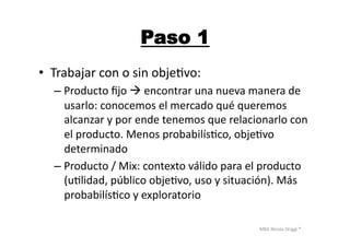 MBA	
  Nicola	
  Origgi	
  ®	
  
Paso 1
•  Trabajar	
  con	
  o	
  sin	
  objeUvo:	
  
– Producto	
  ﬁjo	
  	
  encontrar	
  una	
  nueva	
  manera	
  de	
  
usarlo:	
  conocemos	
  el	
  mercado	
  qué	
  queremos	
  
alcanzar	
  y	
  por	
  ende	
  tenemos	
  que	
  relacionarlo	
  con	
  
el	
  producto.	
  Menos	
  probabilísUco,	
  objeUvo	
  
determinado	
  
– Producto	
  /	
  Mix:	
  contexto	
  válido	
  para	
  el	
  producto	
  
(uUlidad,	
  público	
  objeUvo,	
  uso	
  y	
  situación).	
  Más	
  
probabilísUco	
  y	
  exploratorio	
  
 