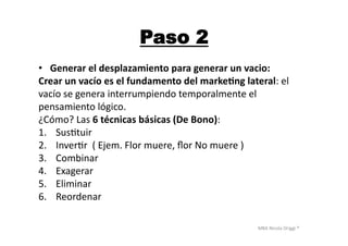 MBA	
  Nicola	
  Origgi	
  ®	
  
Paso 2
•  Generar	
  el	
  desplazamiento	
  para	
  generar	
  un	
  vacio:	
  
Crear	
  un	
  vacío	
  es	
  el	
  fundamento	
  del	
  marke?ng	
  lateral:	
  el	
  	
  
vacío	
  se	
  genera	
  interrumpiendo	
  temporalmente	
  el	
  	
  
pensamiento	
  lógico.	
  
¿Cómo?	
  Las	
  6	
  técnicas	
  básicas	
  (De	
  Bono):	
  
1.  SusUtuir	
  
2.  InverUr	
  	
  (	
  Ejem.	
  Flor	
  muere,	
  ﬂor	
  No	
  muere	
  )	
  
3.  Combinar	
  
4.  Exagerar	
  
5.  Eliminar	
  
6.  Reordenar	
  
 