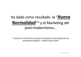 MBA	
  Nicola	
  Origgi	
  ®	
  
Ha	
  dado	
  como	
  resultado	
  	
  la	
  “Nueva	
  
Normalidad”*	
  y	
  el	
  MarkeUng	
  del	
  
post-­‐modernismo…	
  	
  
*	
  mantener	
  el	
  crecimiento	
  y	
  ocupar	
  los	
  espacios	
  vacios	
  dejados	
  por	
  los	
  
compeUdores	
  débiles	
  –	
  (Global	
  Trends	
  2025)	
  
 