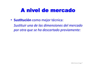 MBA	
  Nicola	
  Origgi	
  ®	
  
A nivel de mercado
•  Sus?tución	
  como	
  mejor	
  técnica:	
  
	
  SusNtuir	
  una	
  de	
  las	
  dimensiones	
  del	
  mercado	
  
por	
  otra	
  que	
  se	
  ha	
  descartado	
  previamente:	
  
 