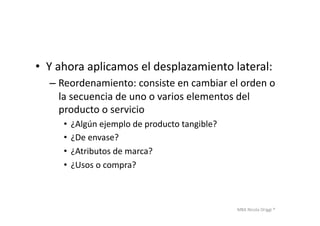 MBA	
  Nicola	
  Origgi	
  ®	
  
•  Y	
  ahora	
  aplicamos	
  el	
  desplazamiento	
  lateral:	
  
– Reordenamiento:	
  consiste	
  en	
  cambiar	
  el	
  orden	
  o	
  
la	
  secuencia	
  de	
  uno	
  o	
  varios	
  elementos	
  del	
  
producto	
  o	
  servicio	
  
•  ¿Algún	
  ejemplo	
  de	
  producto	
  tangible?	
  
•  ¿De	
  envase?	
  
•  ¿Atributos	
  de	
  marca?	
  
•  ¿Usos	
  o	
  compra?	
  	
  
 