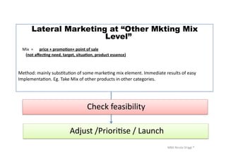 MBA	
  Nicola	
  Origgi	
  ®	
  
Lateral Marketing at “Other Mkting Mix
Level”
	
  	
  	
  	
  Mix	
  	
  =	
  	
  	
  	
  	
  	
  price	
  +	
  promo?on+	
  point	
  of	
  sale	
  
	
  (not	
  aﬀec?ng	
  need,	
  target,	
  situa?on,	
  product	
  essence)	
  
	
   	
   	
   	
   	
   	
  	
  	
  	
  	
  
Method:	
  mainly	
  subsUtuUon	
  of	
  some	
  markeUng	
  mix	
  element.	
  Immediate	
  results	
  of	
  easy	
  	
  
ImplementaUon.	
  Eg.	
  Take	
  Mix	
  of	
  other	
  products	
  in	
  other	
  categories.	
  
	
  Check	
  feasibility	
  
	
  Adjust	
  /PrioriUse	
  /	
  Launch	
  	
  
 