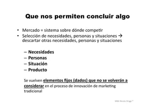 MBA	
  Nicola	
  Origgi	
  ®	
  
Que nos permiten concluir algo
•  Mercado	
  =	
  sistema	
  sobre	
  dónde	
  compeUr	
  
•  Selección	
  de	
  necesidades,	
  personas	
  y	
  situaciones	
  	
  
descartar	
  otras	
  necesidades,	
  personas	
  y	
  situaciones	
  
–  Necesidades	
  
–  Personas	
  
–  Situación	
  
–  Producto	
  
Se	
  vuelven	
  elementos	
  ﬁjos	
  (dados)	
  que	
  no	
  se	
  volverán	
  a	
  	
  
considerar	
  en	
  el	
  proceso	
  de	
  innovación	
  de	
  markeUng	
  	
  
tradicional	
  
 