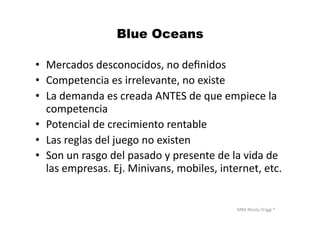 MBA	
  Nicola	
  Origgi	
  ®	
  
Blue Oceans
•  Mercados	
  desconocidos,	
  no	
  deﬁnidos	
  
•  Competencia	
  es	
  irrelevante,	
  no	
  existe	
  
•  La	
  demanda	
  es	
  creada	
  ANTES	
  de	
  que	
  empiece	
  la	
  
competencia	
  
•  Potencial	
  de	
  crecimiento	
  rentable	
  
•  Las	
  reglas	
  del	
  juego	
  no	
  existen	
  
•  Son	
  un	
  rasgo	
  del	
  pasado	
  y	
  presente	
  de	
  la	
  vida	
  de	
  
las	
  empresas.	
  Ej.	
  Minivans,	
  mobiles,	
  internet,	
  etc.	
  
 