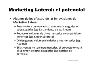 MBA	
  Nicola	
  Origgi	
  ®	
  
Marketing Lateral: el potencial
•  Algunos	
  de	
  los	
  efectos	
  	
  de	
  las	
  innovaciones	
  de	
  
MarkeUng	
  Lateral:	
  
–  Reestructura	
  un	
  mercado:	
  crea	
  nuevas	
  categorías	
  o	
  
subcategorías	
  (eg.	
  Lanzamiento	
  de	
  Walkman)	
  
–  Reduce	
  el	
  volumen	
  de	
  otros	
  mercados	
  o	
  compeUdores	
  
genéricos	
  (Eg.	
  Kinder	
  Sorpresa)	
  	
  
–  O	
  bien	
  genera	
  volumen	
  sin	
  dañar	
  otros	
  mercados	
  (eg.	
  
AcUmel)	
  
–  Si	
  las	
  ventas	
  no	
  son	
  incrementales,	
  el	
  producto	
  tomará	
  
el	
  volumen	
  de	
  otras	
  categorías	
  (eg.	
  Barritas	
  de	
  
cereales)	
  
 