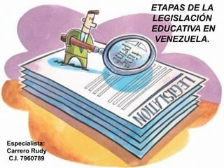 Especialista:
Carrero Rudy
C.I. 7960789
ETAPAS DE LA
LEGISLACIÓN
EDUCATIVA EN
VENEZUELA.
 