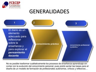 GENERALIDADES 1 2 conocimiento práctico El diario es un elemento adecuado para reflexionar sobre la enseñanza y para explorar el  pensamiento docente   No es posible trasformar cualitativamente los procesos de enseñanza-aprendizaje sin contar con la evolución del conocimiento personal, pues podrá sentar las bases para el diseño de un modelo de formación de profesionales autónomos, críticos y reflexivos. , 3 conocimiento profesional o práctico  " 