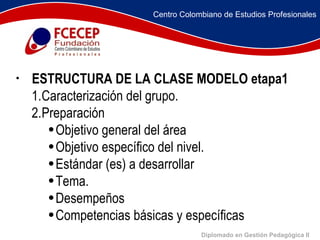 Diplomado en Gestión Pedagógica II                      ESTRUCTURA DE LA CLASE MODELO etapa1 Caracterización del grupo. Preparación  Objetivo general del área Objetivo específico del nivel. Estándar (es) a desarrollar Tema. Desempeños Competencias básicas y específicas Centro Colombiano de Estudios Profesionales 
