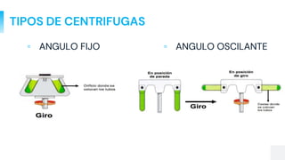 TIPOS DE CENTRIFUGAS
▫ ANGULO OSCILANTE
▫ ANGULO FIJO
 
