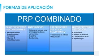FORMAS DE APLICACIÓN
PRP COMBINADO
OLIGOELEMENTOS
y ANTIOXIDANTES
• Rejuvenecimiento,
Bioestimulación,
Hidratación
• Vitamina C
• Acido Hialuronico
ANTIBIOTICOS
• Sistema de entrega local
en infecciones óseas
• Vancomicina
• Oxacilina
• Gentaminica
PRECURSORES
DEL ACIDO
HIALURONICO
• Tratamiento de Artrosis
• Hialuronato
HUESO SINTETICO
/ AUTOLOGO
• Biomaterial
• Relleno de alveolos
• Cirugía maxilo facial
• Implantología
 