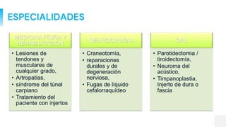 ESPECIALIDADES
MEDICINA FISICA Y
REHABILITACIÓN
• Lesiones de
tendones y
musculares de
cualquier grado,
• Artropatias,
• síndrome del túnel
carpiano
• Tratamiento del
paciente con injertos
NEUROCIRUGIA
• Craneotomía,
• reparaciones
durales y de
degeneración
nerviosa,
• Fugas de líquido
cefalorraquídeo
ORL
• Parotidectomia /
tiroidectomía,
• Neuroma del
acústico,
• Timpanoplastia,
Injerto de dura o
fascia
 