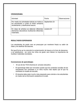 CRONOGRAMA 
Actividad Fecha Observaciones 
Por medio de actividades lúdicas se motiva a 
los estudiantes a cuidar el medio ambiente 
recolectando y clasificando basura. 
Septiembre 23 
En clase de artística se elaboran diferentes 
elementos decorativos reutilizando diferentes 
materiales. 
octubre 20 
RESULTADOS ESPERADOS 
Los estudiantes de grado cero se preocupan por mantener limpio su salón de 
clase y de clasificar las basuras. 
De igual forma se ha reducido la contaminación de basura a la hora de descanso, 
y es satisfactorio ver como los niños de grado cero lideran la importancia de 
reutilizar materiales reciclados. 
Conclusiones de aprendizajes 
• El uso de las TICS dinamiza el proceso educativo. 
• El aprendizaje debe ser innovador puesto que los contextos sociales de los 
estudiantes han cambiado a un ritmo mucho más rápido que el que ha 
cambiado el modelo de escuela. 
• El docente debe estar mucho más preparado para orientar a los estudiantes 
en medio de la información existente en la web. 
 