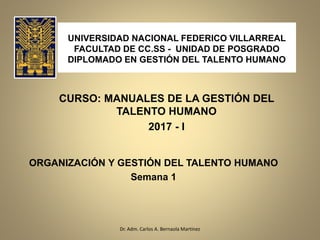 UNIVERSIDAD NACIONAL FEDERICO VILLARREAL
FACULTAD DE CC.SS - UNIDAD DE POSGRADO
DIPLOMADO EN GESTIÓN DEL TALENTO HUMANO
CURSO: MANUALES DE LA GESTIÓN DEL
TALENTO HUMANO
2017 - I
Dr. Adm. Carlos A. Bernaola Martínez
ORGANIZACIÓN Y GESTIÓN DEL TALENTO HUMANO
Semana 1
 