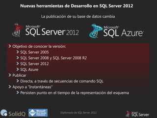 Nuevas herramientas de Desarrollo en SQL Server 2012
La publicación de su base de datos cambia

Objetivo de conocer la versión:
SQL Server 2005
SQL Server 2008 y SQL Server 2008 R2
SQL Server 2012
SQL Azure
Publicar
Directa, a través de secuencias de comando SQL
Apoyo a “Instantáneas”
Persisten punto en el tiempo de la representación del esquema

Diplomado de SQL Server 2012

 