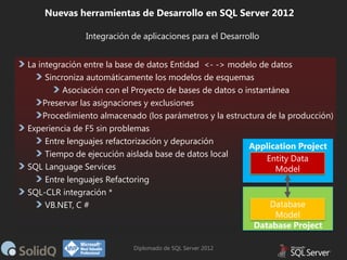Nuevas herramientas de Desarrollo en SQL Server 2012
Integración de aplicaciones para el Desarrollo
La integración entre la base de datos Entidad <- -> modelo de datos
Sincroniza automáticamente los modelos de esquemas
Asociación con el Proyecto de bases de datos o instantánea
Preservar las asignaciones y exclusiones
Procedimiento almacenado (los parámetros y la estructura de la producción)
Experiencia de F5 sin problemas
Entre lenguajes refactorización y depuración
Application Project
Tiempo de ejecución aislada base de datos local
Entity Data
SQL Language Services
Model
Entre lenguajes Refactoring
SQL-CLR integración *
Database
VB.NET, C #
Model
Database Project
Diplomado de SQL Server 2012

 