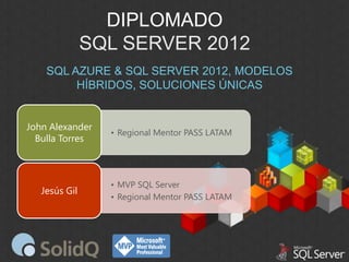 DIPLOMADO
SQL SERVER 2012
SQL AZURE & SQL SERVER 2012, MODELOS
HÍBRIDOS, SOLUCIONES ÚNICAS
John Alexander
Bulla Torres

• Regional Mentor PASS LATAM

Jesús Gil

• MVP SQL Server
• Regional Mentor PASS LATAM

 