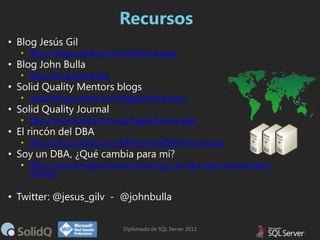 Recursos
• Blog Jesús Gil

• http://blogs.solidq.com/JGil/Home.aspx

• Blog John Bulla

• http://bit.ly/johnbulla

• Solid...
