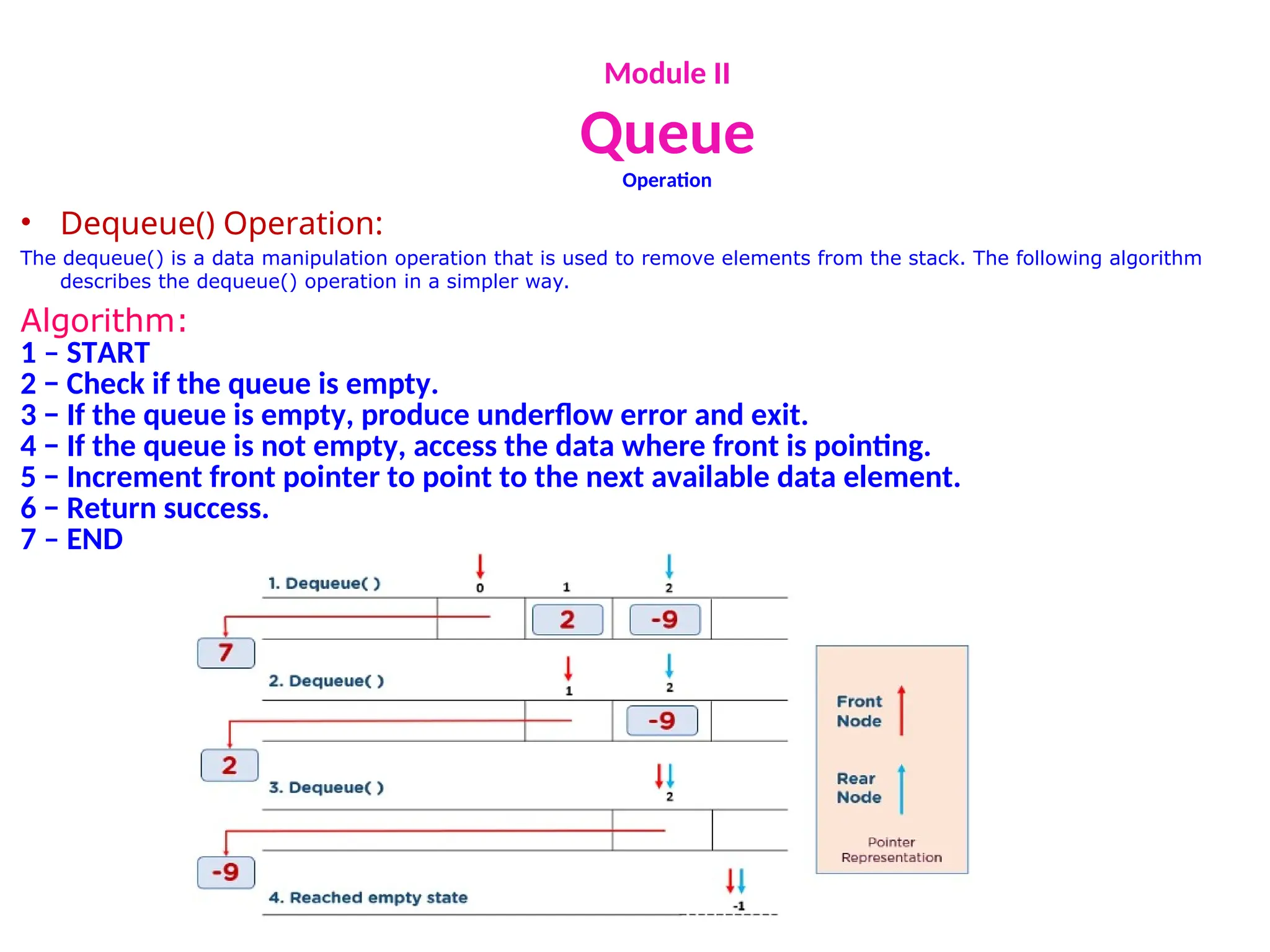 Module II
Queue
Operation
• Dequeue() Operation:
The dequeue() is a data manipulation operation that is used to remove elements from the stack. The following algorithm
describes the dequeue() operation in a simpler way.
Algorithm:
1 – START
2 − Check if the queue is empty.
3 − If the queue is empty, produce underflow error and exit.
4 − If the queue is not empty, access the data where front is pointing.
5 − Increment front pointer to point to the next available data element.
6 − Return success.
7 – END
 