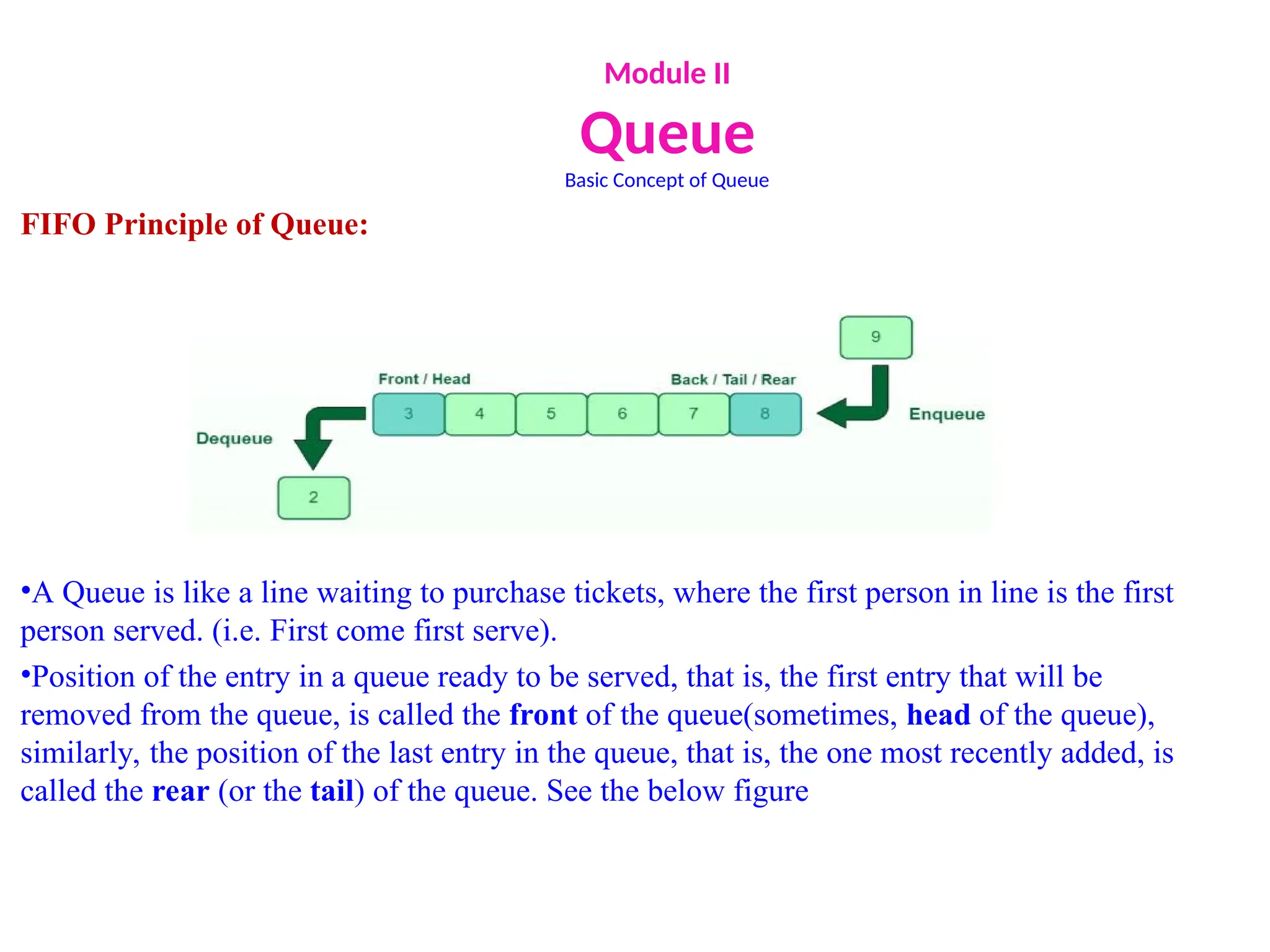 Module II
Queue
Basic Concept of Queue
FIFO Principle of Queue:
•A Queue is like a line waiting to purchase tickets, where the first person in line is the first
person served. (i.e. First come first serve).
•Position of the entry in a queue ready to be served, that is, the first entry that will be
removed from the queue, is called the front of the queue(sometimes, head of the queue),
similarly, the position of the last entry in the queue, that is, the one most recently added, is
called the rear (or the tail) of the queue. See the below figure
 