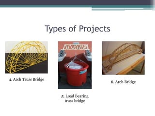 Types of Projects
4. Arch Truss Bridge
5. Load Bearing
truss bridge
6. Arch Bridge
 