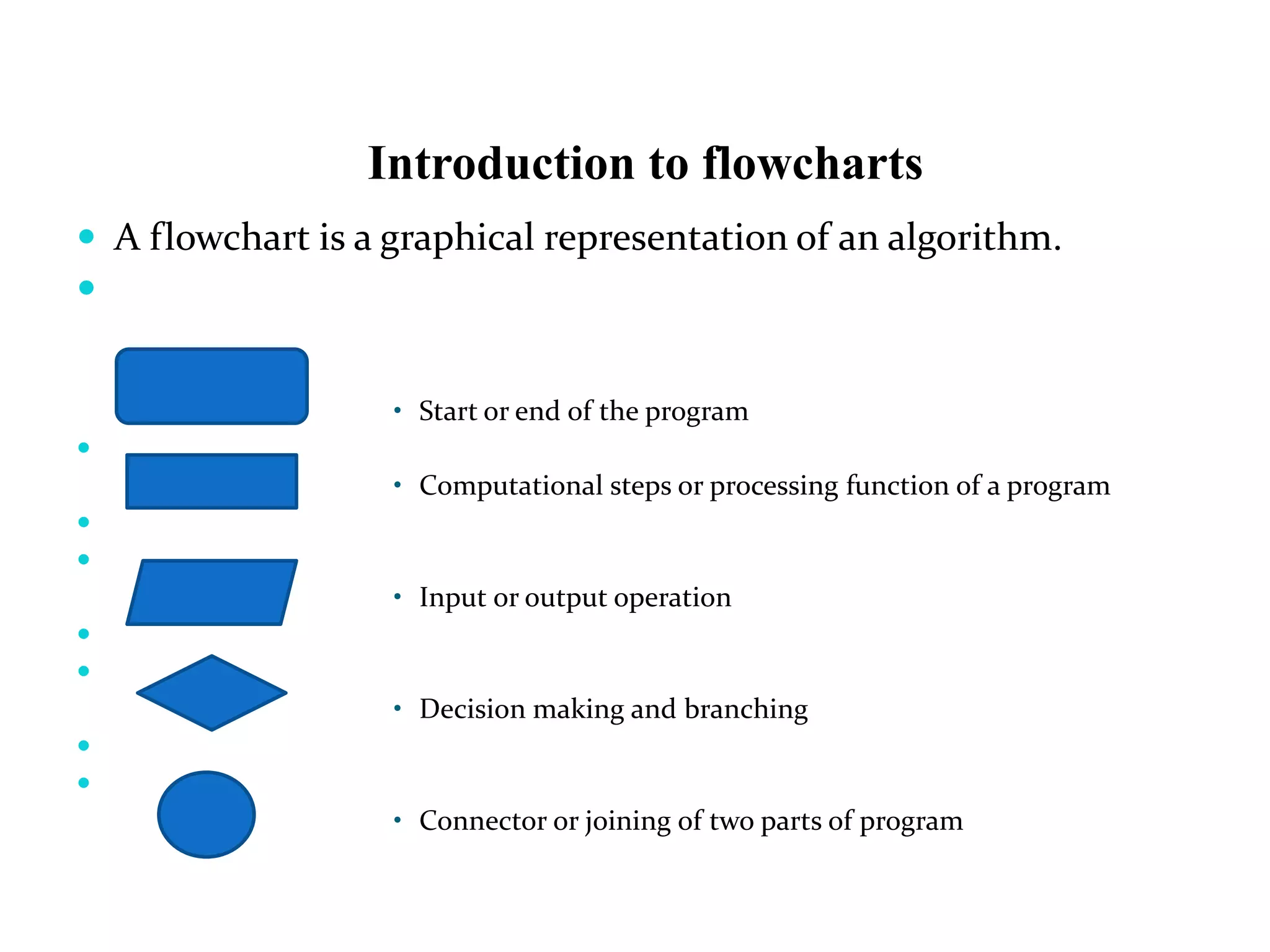 Introduction to flowcharts
 A flowchart is a graphical representation of an algorithm.

• Start or end of the program

• Computational steps or processing function of a program


• Input or output operation


• Decision making and branching


• Connector or joining of two parts of program
 