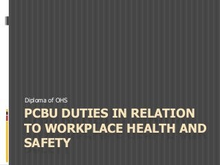 PCBU DUTIES IN RELATION
TO WORKPLACE HEALTH AND
SAFETY
Diploma of OHS
 