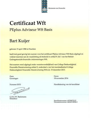 Certificaat Wft PEplus Adviseur Wft Basis
