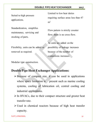 DOUBLE PIPE HEAT EXCHANGER 2017
SLIET,LONGOWAL 30
Suited to high pressure
applications.
Limited to low heat duties
requiring surface areas less than 47
m2
Standardization, simplifies
maintenance, servicing and
stocking of parts.
Flow pattern is strictly counter
flow; there is no cross flow.
Flexibility, units can be added or
removed as required.
As units are added on the
possibility of leakage increases
because of the number of
connections increases.
Modular type construction.
DoublePipe Heat Exchanger Applications:
 Because of compact size, it can be used in applications
where space limitation is present such as marine cooling
systems, cooling of lubrication oil, central cooling and
industrial applications.
 In HVACs, due to their compact structure and greater heat
transfer rate.
 Used in chemical reactors because of high heat transfer
capacity.
 