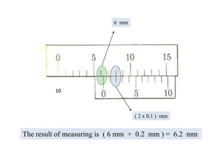 6 mm
( 2 x 0.1 ) mm
The result of measuring is ( 6 mm + 0.2 mm ) = 6.2 mm
10
 