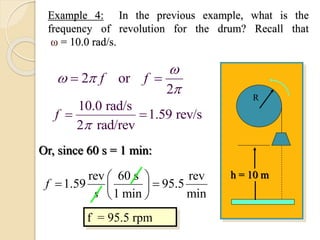 Example 4: In the previous example, what is the
frequency of revolution for the drum? Recall that
ω = 10.0 rad/s.
h = 10 m
R
f = 95.5 rpm
2 or
2
f f 

 

10.0 rad/s
1.59 rev/s
2 rad/rev
f  

Or, since 60 s = 1 min:
rev 60 s rev
1.59 95.5
1 min min
f
s
 
  
 
 
