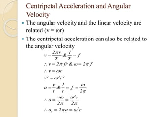 Centripetal Acceleration and Angular
Velocity
 The angular velocity and the linear velocity are
related (v = ωr)
 The centripetal acceleration can also be related to
the angular velocity
2 2 2
2
2
c
2 r 1
v & f
T T
v 2 fr & 2 f
v r
v r
v 1
a & f
t t 2
v r
a
2 2
a 2 a r
 
  
 

  
  
  

  




 
 
 
 